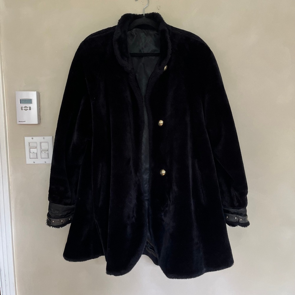 Black Faux Fur Coat with Gold Buttons and Studded Collar
